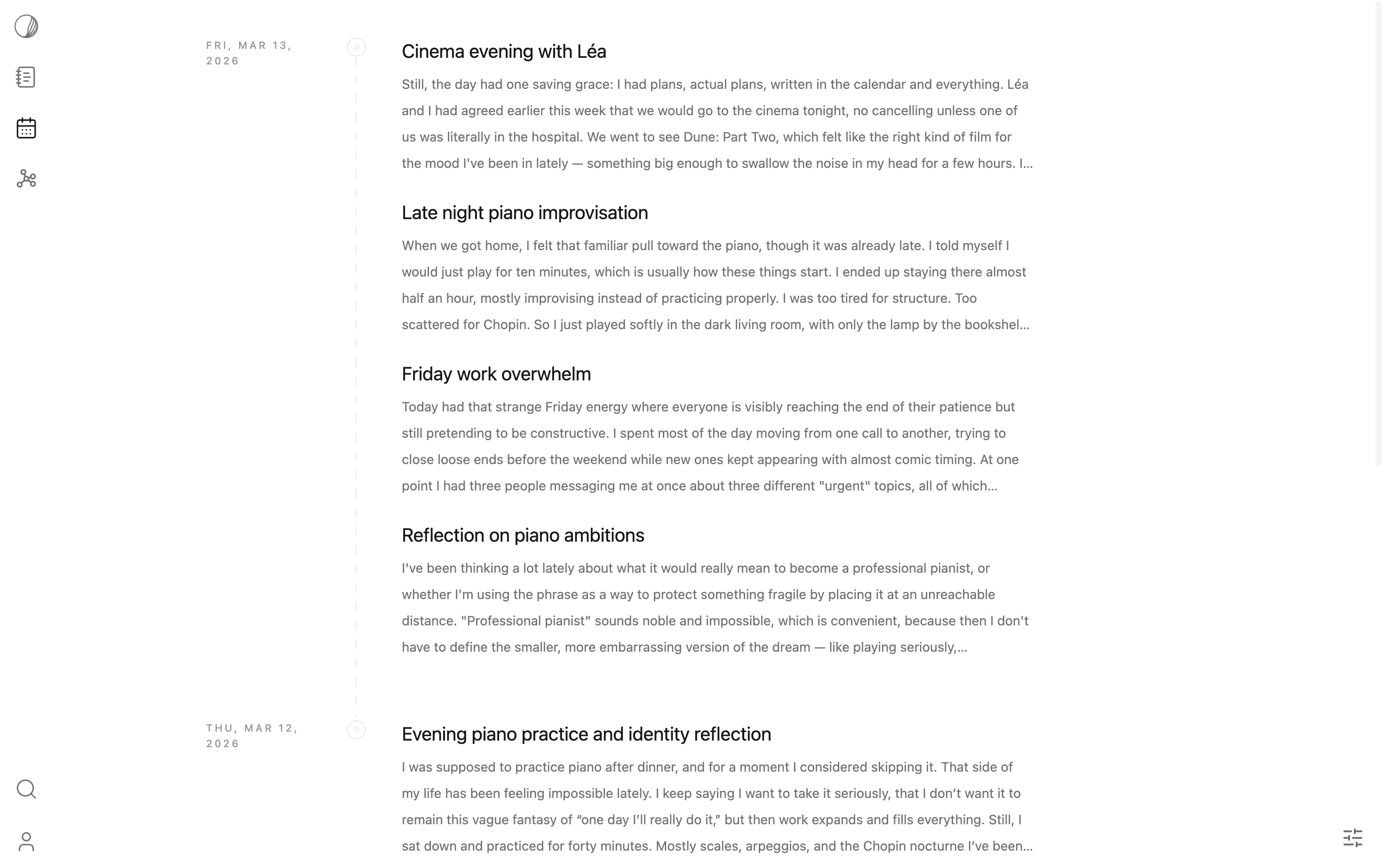 DeepJournal moments view showing your story unfolding chronologically.