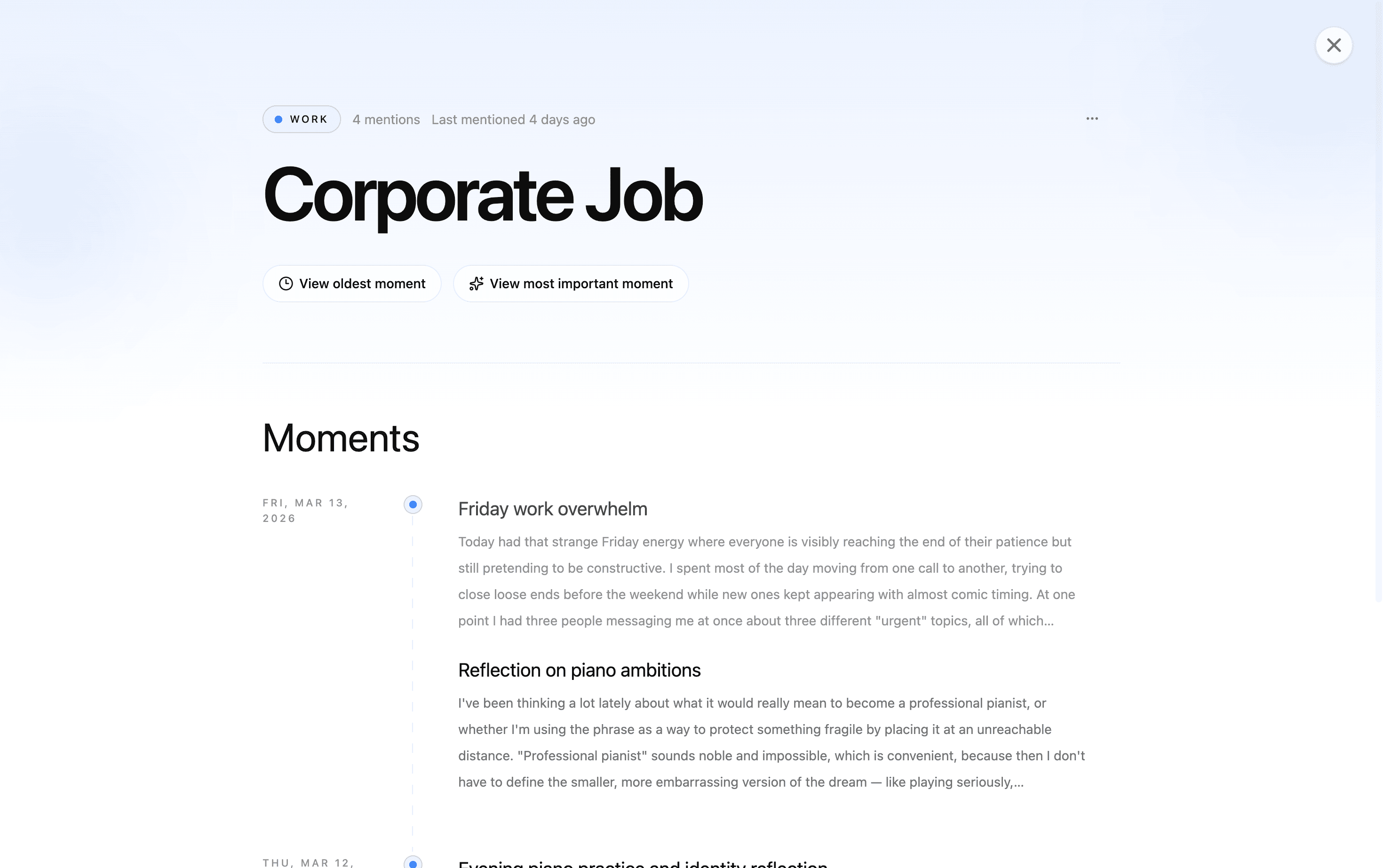 DeepJournal threads view showing what matters over time.
