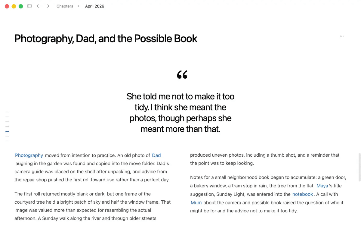Inside Photography, Dad, and the Possible Book, a personal quote and connected memories tell the story of the April chapter.