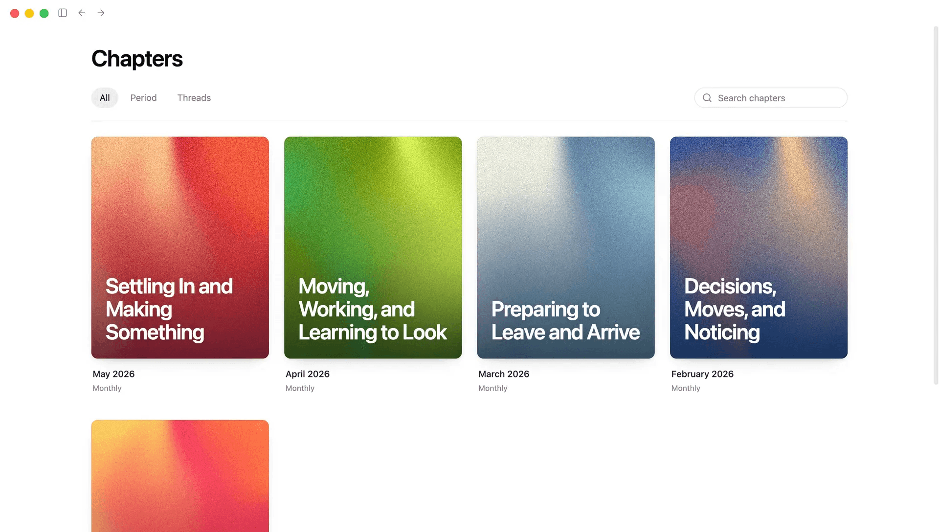 The Chapters collection shows monthly covers for meaningful periods of your life.