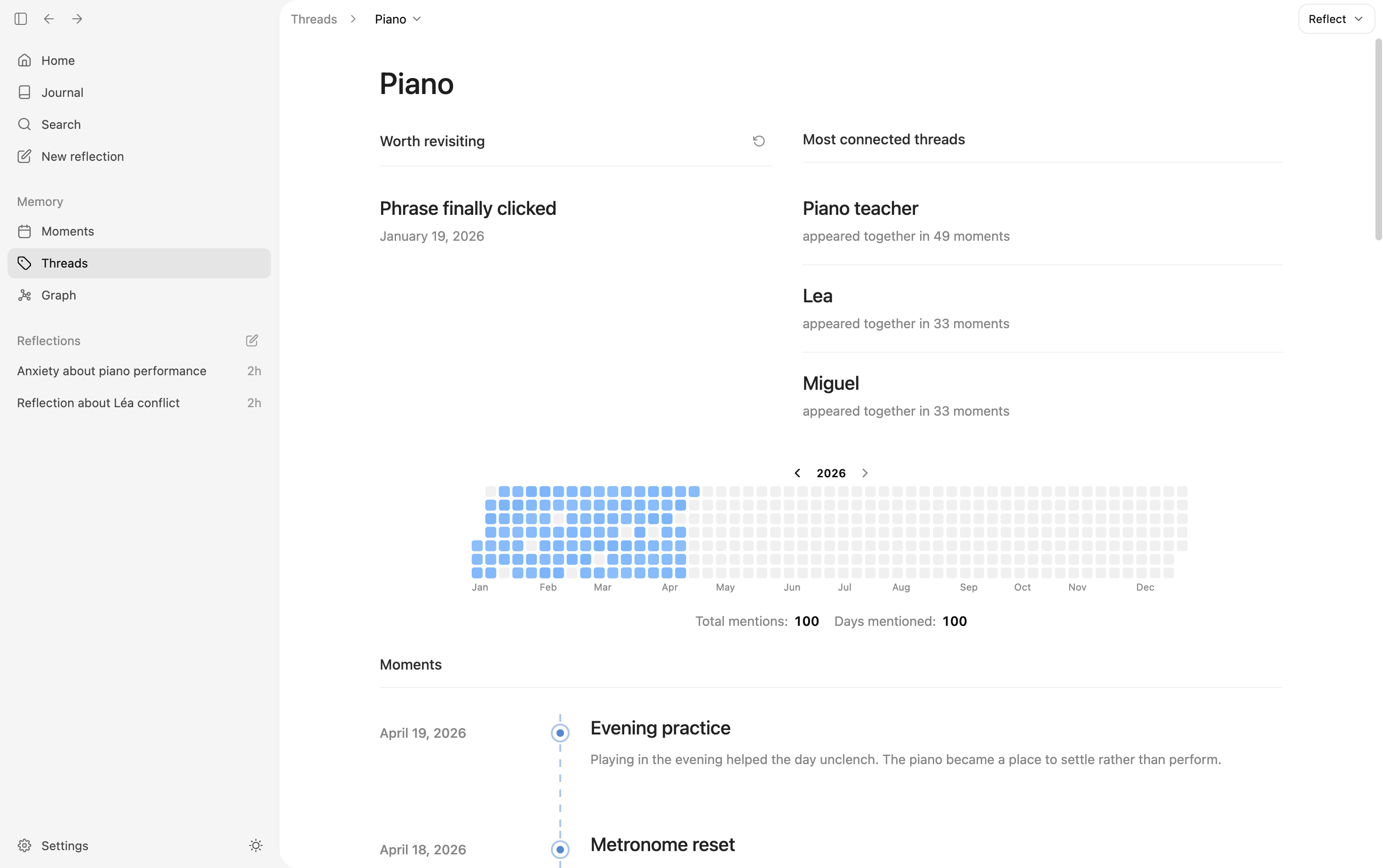 DeepJournal thread view showing moments connected over time