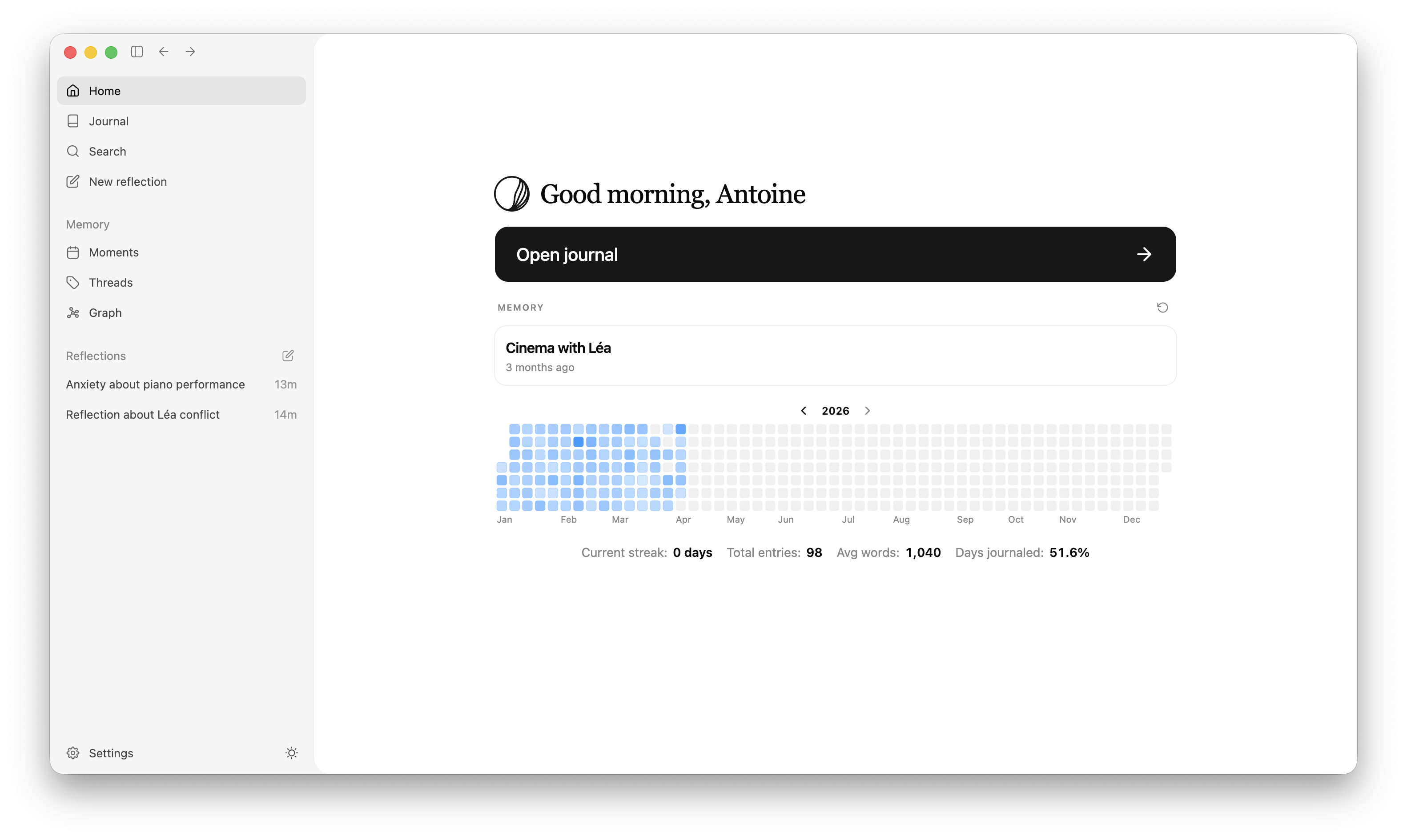 DeepJournal desktop journal interface showing timeline, search, and connected memories